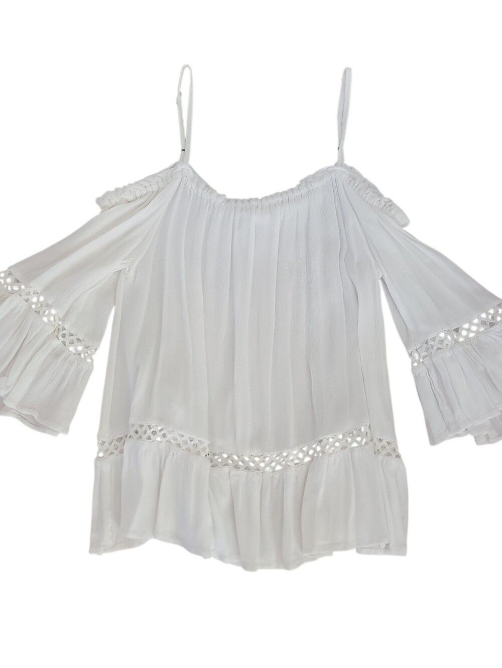 Loveriche Women's Cold Shoulder White Rayon Tiered Bell Sleeve Blouse Sz S Boho